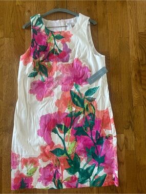 London Times White Dress with Pink Floral and Green Foliage